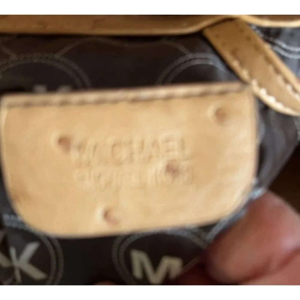 Michael Kors Hamilton Large Ostrich Embossed Leather Satchel Tote Tan Beige